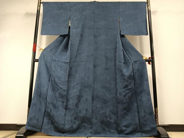 平和屋着物●上質な色無地 雲取り樹林地紋 鉄御納戸色 正絹 逸品 未使用 AABI9234fy