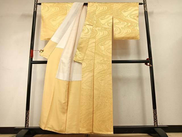 平和屋着物●上質な色無地 流水地紋 卵色 正絹 逸品 AABI9243fy