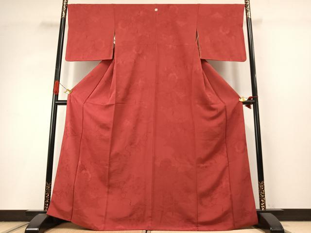 平和屋着物●上質な色無地 風景鼓地紋 赤丹色 正絹 逸品 AABI9245fy