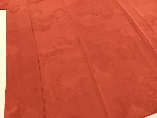 平和屋着物●上質な色無地 風景鼓地紋 赤丹色 正絹 逸品 AABI9245fy
