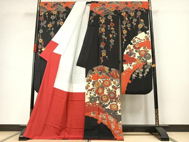 平和屋着物●豪華振袖 紅型 草花文 黒地 正絹 逸品 AABI9266fy