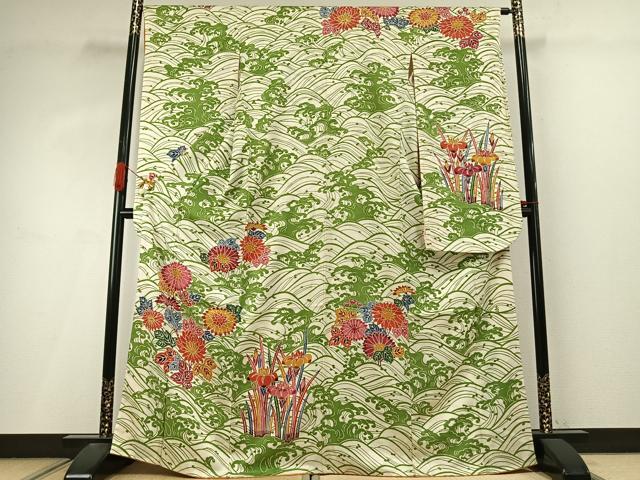 平和屋着物●豪華振袖 型染め 立波草花文 正絹 逸品 AABI9271fy