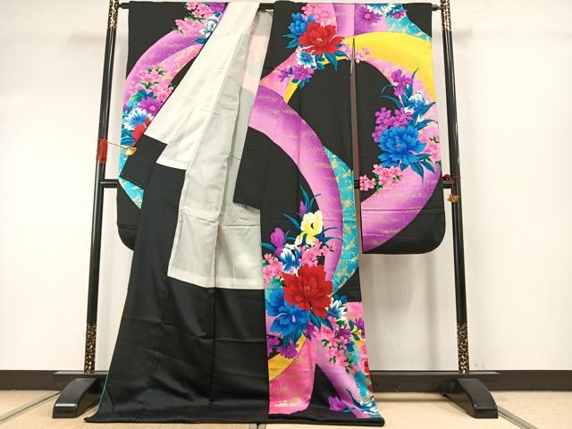 平和屋本店▼お引きずり・お引き摺り・引き振袖 和装 結婚式 舞妓 芸妓 芸者 衣装 花鳥文 黒地 金彩 AABI9279fy