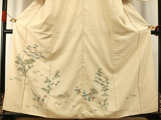 平和屋着物●訪問着 紬地 手描き 刺繍 松竹 風景花文 正絹 逸品 AABI9294fy