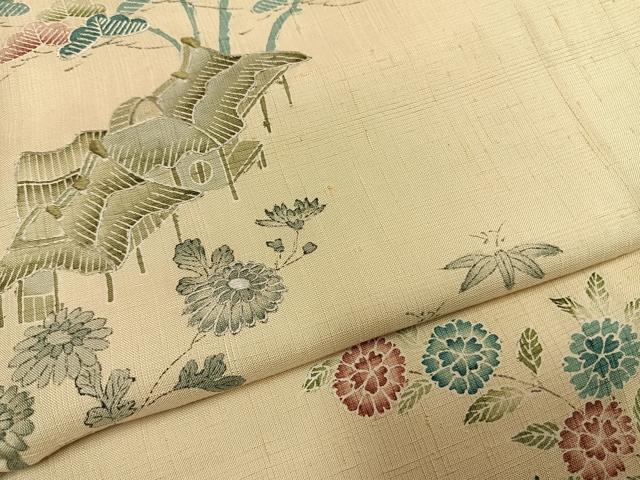 平和屋着物●訪問着 紬地 手描き 刺繍 松竹 風景花文 正絹 逸品 AABI9294fy