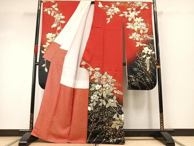 平和屋着物●豪華振袖 草花文 暈し染め 金銀彩 正絹 逸品 AABI9352fy