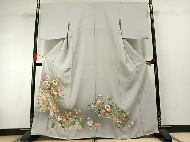平和屋着物●友禅作家の巨匠 浅井青仁 色留袖 駒刺繍 草花文 暈し染め 金銀彩 正絹 逸品 AABI9385fy
