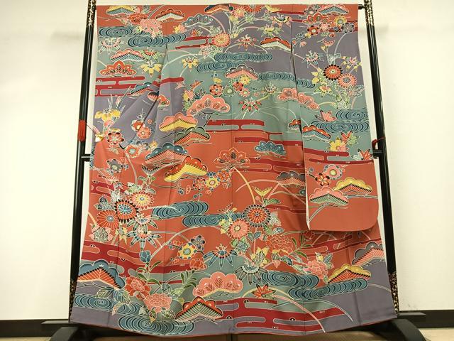 平和屋着物●豪華振袖 紅型 草花文 正絹 逸品 AABI9394fy