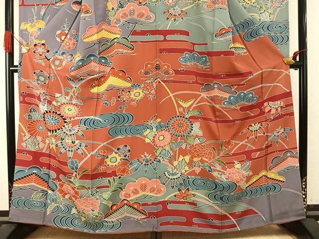 平和屋着物●豪華振袖 紅型 草花文 正絹 逸品 AABI9394fy