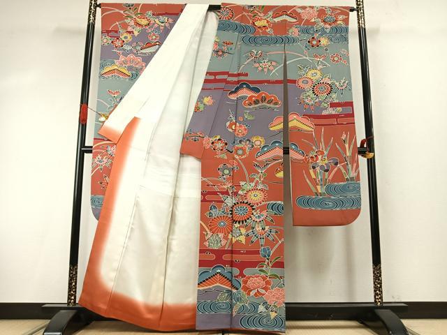 平和屋着物●豪華振袖 紅型 草花文 正絹 逸品 AABI9394fy