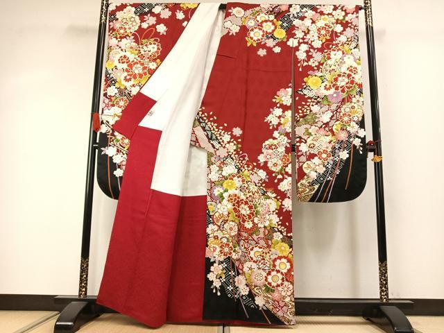 平和屋着物●豪華振袖 駒刺繍 草花文 金彩 京都きもの友禅扱い 正絹 逸品 AABI9399fy