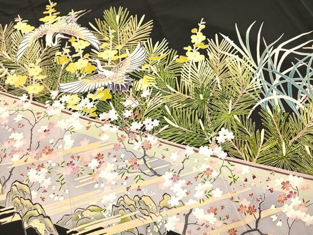 平和屋着物●本加賀友禅作家 稲手明仁 黒留袖 花鳥文 三越扱い 正絹 逸品 AABI9412fy