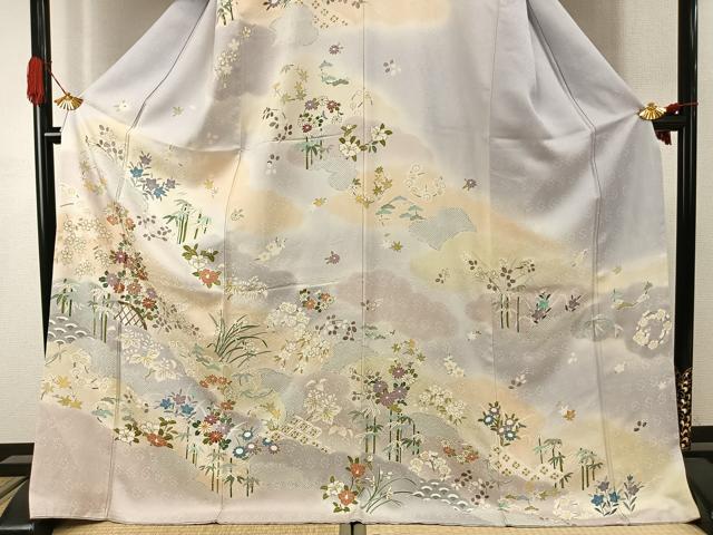 平和屋着物●訪問着 駒刺繍 草花文 暈し染め 金彩 ロング丈 正絹 逸品 AABI9415fy