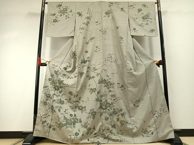 平和屋着物●訪問着 紬地 刺繍 花唐草文 金糸 正絹 逸品 未使用 AABI9421fy