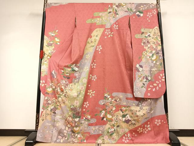 平和屋着物●豪華振袖 駒刺繍 絞り 花蝶文 金彩 正絹 逸品 AABI9432fy