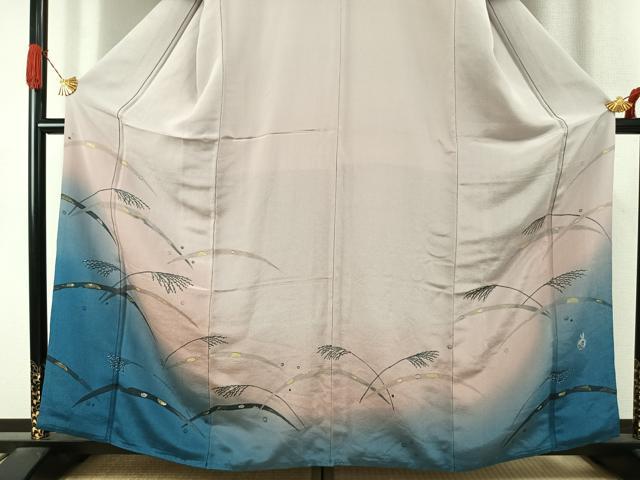 平和屋着物●人形作家・ホリヒロシ 訪問着 露芝文 暈し染め 金彩 鬼しぼ縮緬 正絹 逸品 AABI9433fy