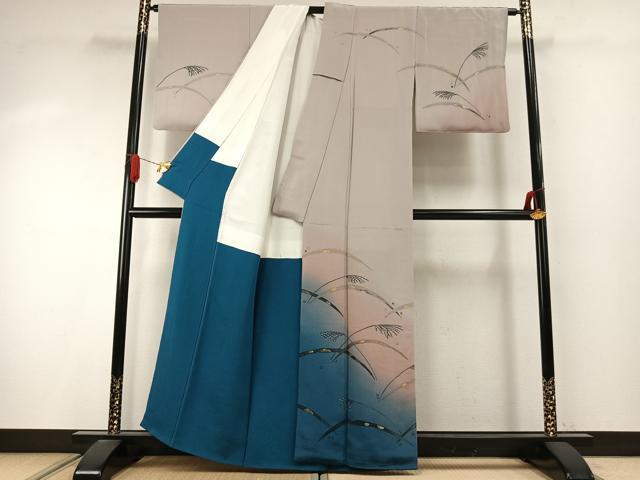 平和屋着物●人形作家・ホリヒロシ 訪問着 露芝文 暈し染め 金彩 鬼しぼ縮緬 正絹 逸品 AABI9433fy