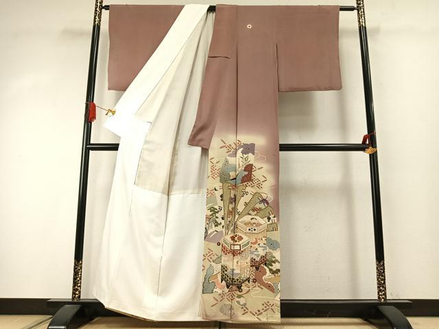 平和屋着物●アンティーク 大正ロマン 色留袖 駒刺繍 扇面貝桶花文 暈し染め 正絹 逸品 AABI9436fy