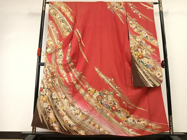 平和屋着物●豪華振袖 駒刺繍 御所車花文 暈し染め 金彩 金通し地 正絹 逸品 AABI9438fy