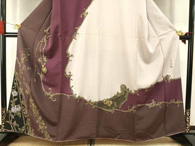 平和屋着物●螺鈿作家 甲斐泰造 訪問着 花唐草文 金彩 正絹 逸品 AABI9459fy