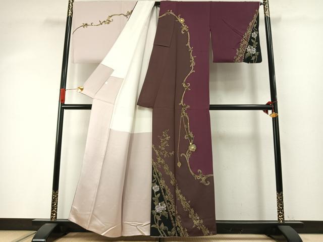 平和屋着物●螺鈿作家 甲斐泰造 訪問着 花唐草文 金彩 正絹 逸品 AABI9459fy