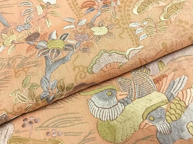 平和屋着物●訪問着 紬地 刺繍 花鳥文 正絹 逸品 AABI9472fy