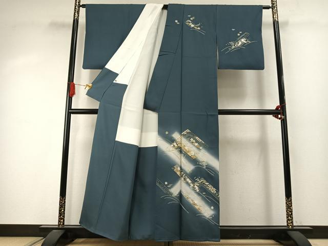 平和屋着物●訪問着 総刺繍 草花文 暈し染め 金銀糸 正絹 逸品 AABI9474fy