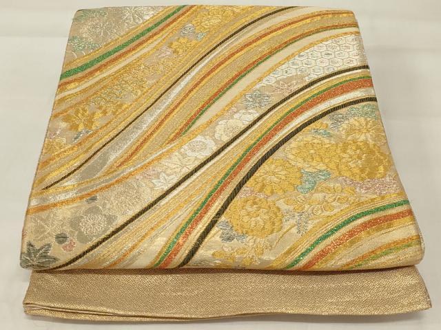 平和屋着物◎佐賀錦 六通柄袋帯 流水草花文 金糸 正絹 逸品 AABI9481ou