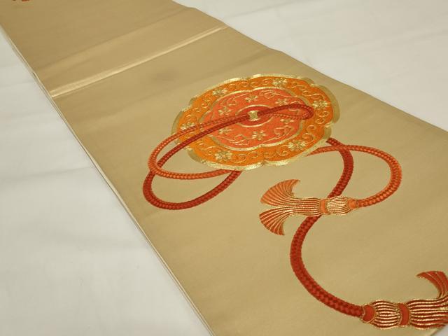 平和屋着物◎太鼓柄袋帯 駒刺繍 鏡裏花文 金糸 正絹 逸品 AABI9502ou