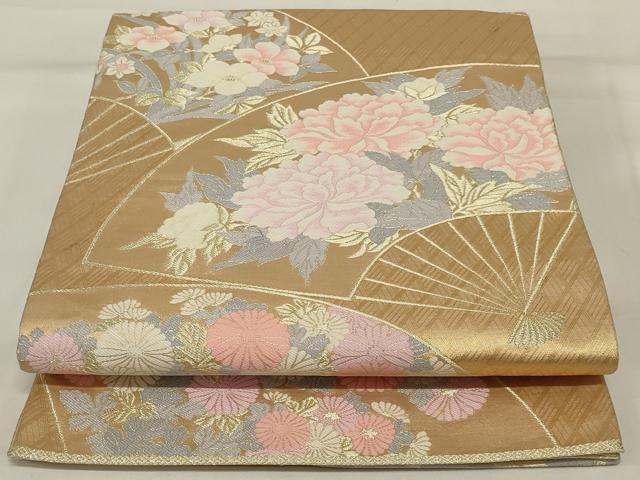 平和屋着物◎六通柄袋帯 扇面花文 金糸 正絹 逸品 AABI9512ou