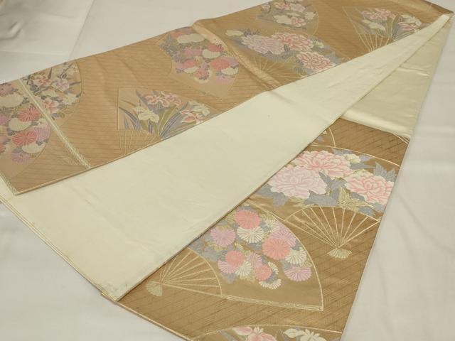 平和屋着物◎六通柄袋帯 扇面花文 金糸 正絹 逸品 AABI9512ou