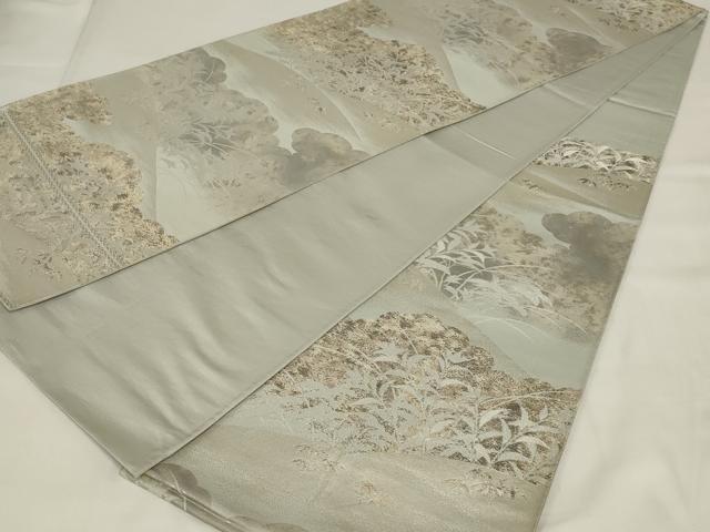 平和屋着物◎六通柄袋帯 雲取り草花文 銀糸 正絹 逸品 AABI9513ou