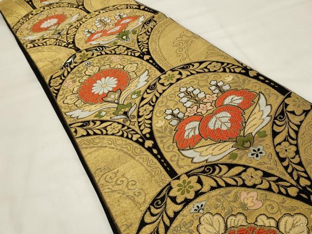 平和屋着物◎六通柄袋帯 唐織 花桐文 黒地 銀糸 正絹 逸品 AABI9516ou