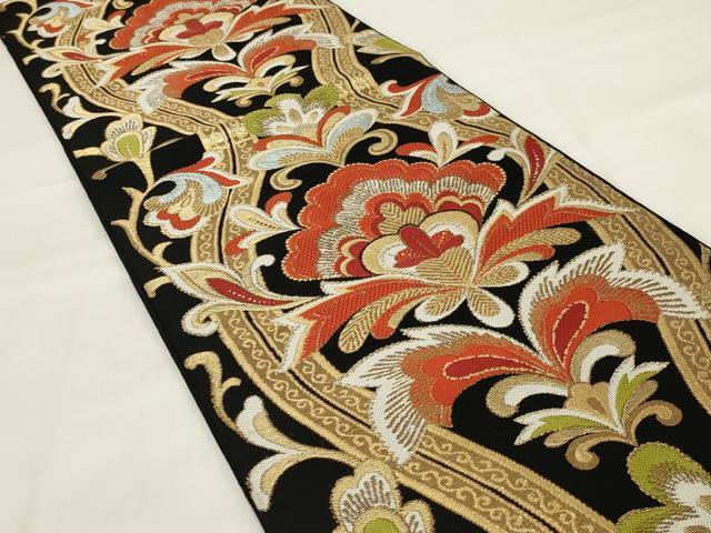 平和屋着物◎六通柄袋帯 都錦 更紗花文 黒地 金糸 正絹 逸品 AABI9520ou