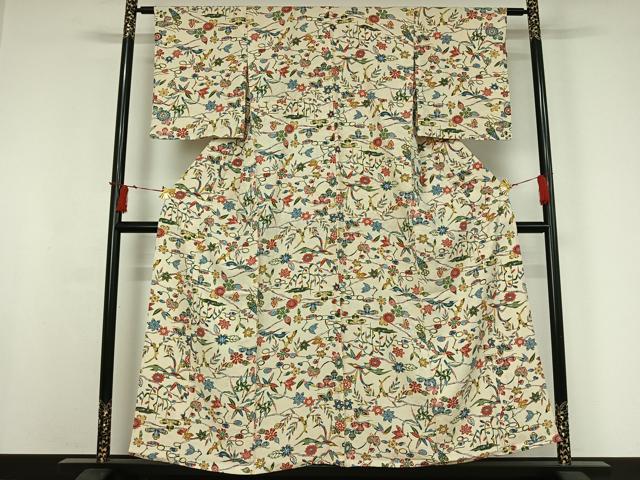 平和屋着物▽上質な小紋 単衣 型染め 花蝶文 正絹 逸品 AABI9527jh