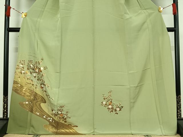 平和屋着物▽訪問着 単衣 流水花文 暈し染め 金彩 ロング丈 正絹 逸品 AABI9529jh