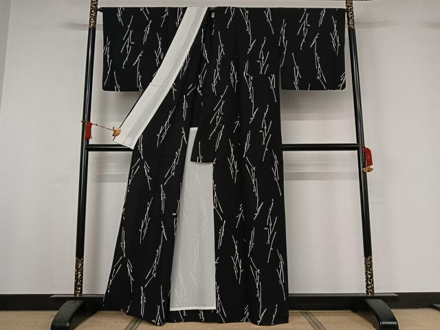 平和屋着物▽上質な小紋 単衣 枝葉文 黒地 正絹 逸品 AABI9545jh