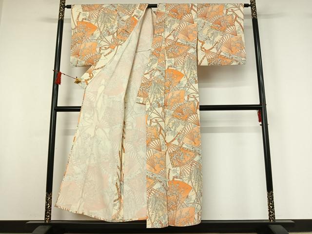 平和屋着物▽上質な小紋 単衣 手描き 扇面花文 正絹 逸品 AABI9547jh