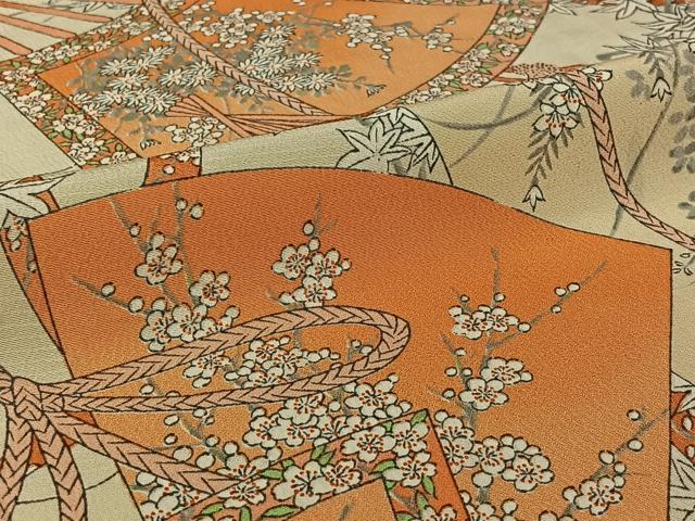 平和屋着物▽上質な小紋 単衣 手描き 扇面花文 正絹 逸品 AABI9547jh
