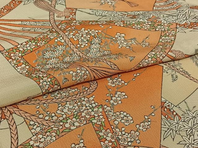 平和屋着物▽上質な小紋 単衣 手描き 扇面花文 正絹 逸品 AABI9547jh