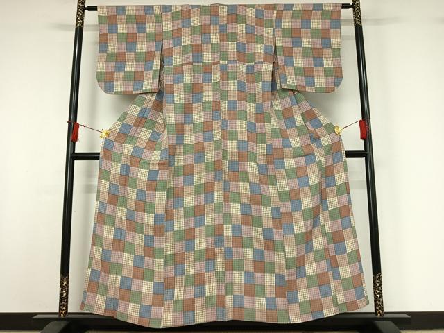 平和屋着物▽上質な小紋 単衣 市松文様 正絹 逸品 AABI9554jh