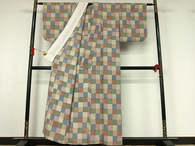 平和屋着物▽上質な小紋 単衣 市松文様 正絹 逸品 AABI9554jh