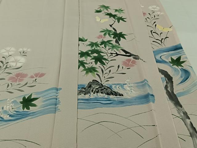 平和屋着物▽訪問着 無双 紗袷 紗×絽 手描き 流水花蝶文 正絹 逸品 AABI9560jh