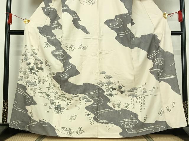 平和屋着物▽染織の名門 しょうざん 生紬 訪問着 単衣 絞り 流水花文 正絹 逸品 AABI9567jh