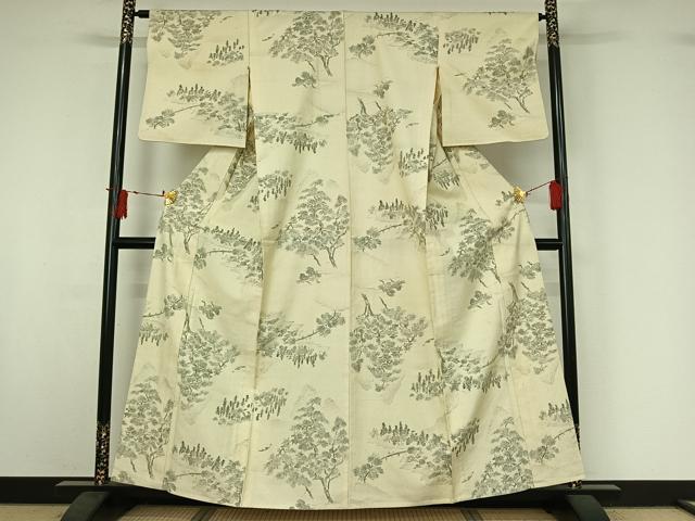 平和屋着物▽上質な小紋 単衣 紬地 手描き 風景文 正絹 逸品 AABI9582jh
