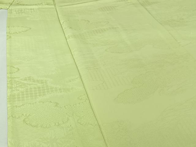 平和屋着物▽上質な色無地 単衣 雲取り吉祥花地紋 若芽色 正絹 逸品 AABI9583jh