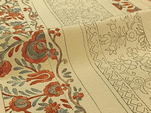 平和屋着物▽上質な小紋 単衣 手描き 更紗花間道 お召縮緬 正絹 逸品 AABI9587jh