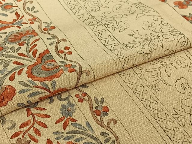 平和屋着物▽上質な小紋 単衣 手描き 更紗花間道 お召縮緬 正絹 逸品 AABI9587jh