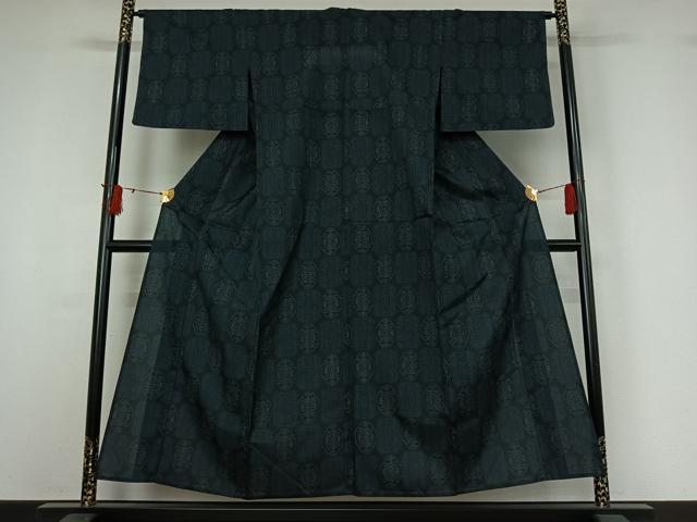 平和屋着物▽小紋 単衣 幾何学花文 黒地 AABI9591jh