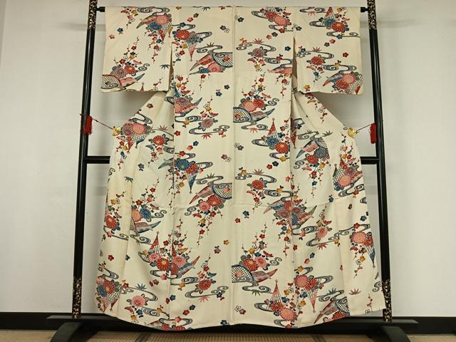 平和屋着物▽上質な小紋 単衣 型染め 流水花籬文 正絹 逸品 AABI9594jh